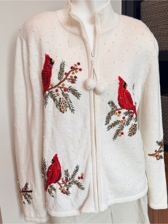 Tiara International Sweaters - Tiara International Christmas Cardinal Sweater M Beaded Zip Front Pom Pom Vtg
